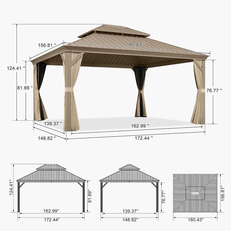 PURPLE LEAF Outdoor Hardtop Gazebo Pro Champagne Metal Frame Galvanized Steel Double Roof with Curtains and Netting for Poolside