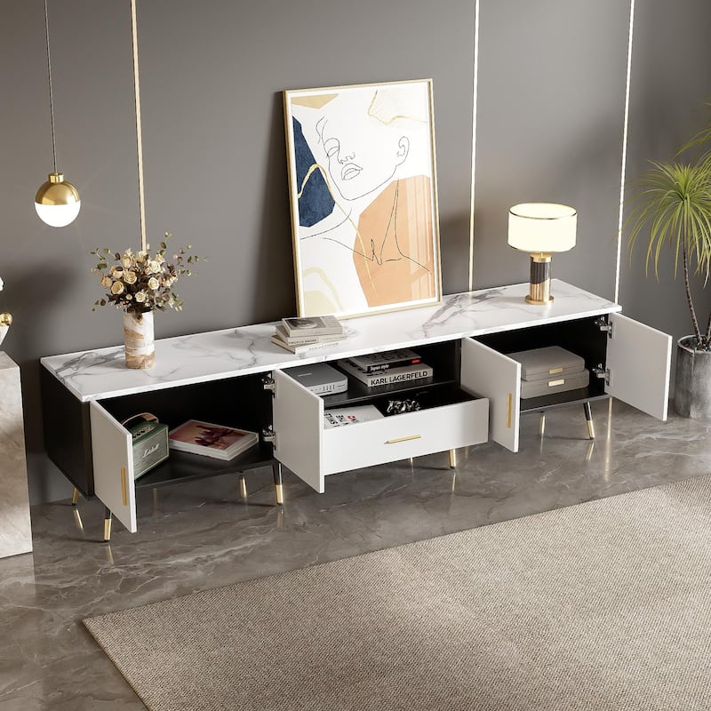 White+Black 70.8" TV Stand with Cabinets & Open Compartments for TVs Up to 80"