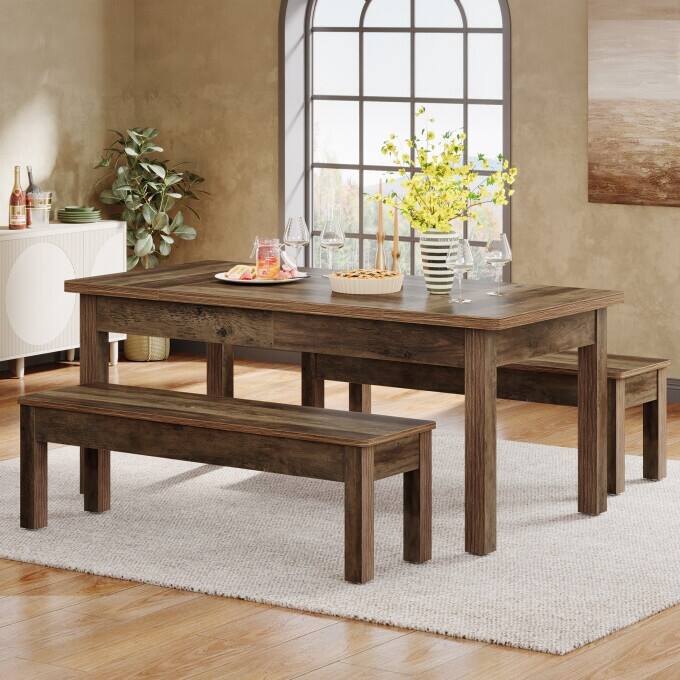 Wood Dining Table Set, 55-Inch Kitchen Table with 2 Benches for 4-6 - Wood Hemp Color