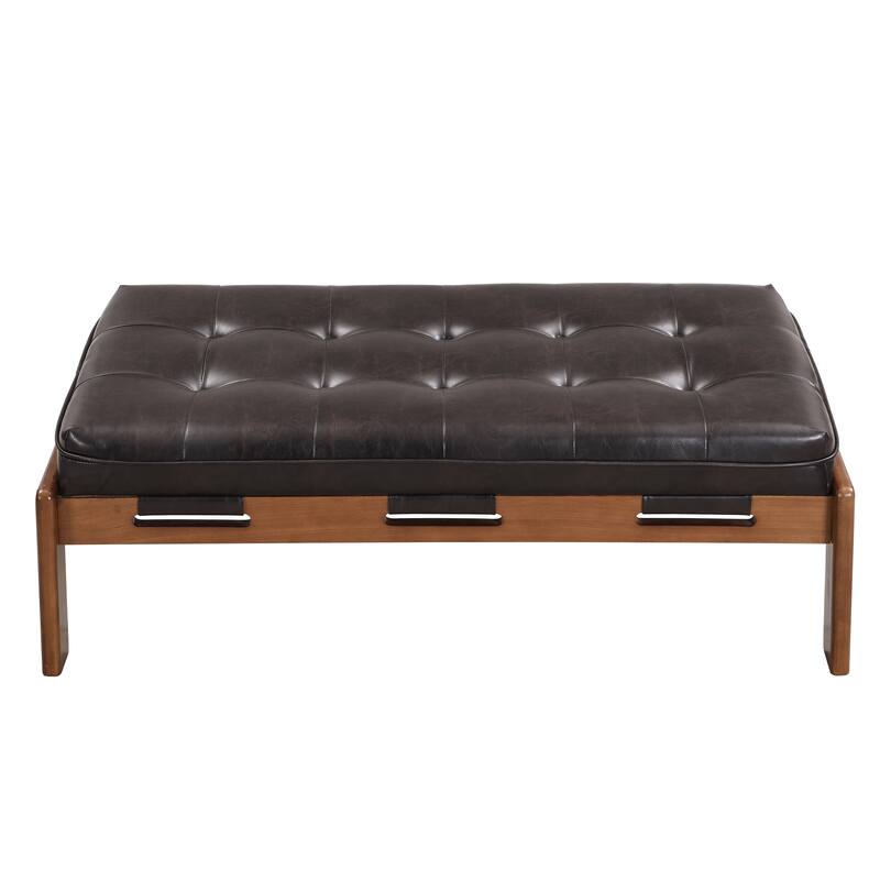 Christopher Knight Home - 48.4" Rectangle Tufted Upholstered Cocktail, Leather Ottoman Coffee Table with Rubber Wood Frame