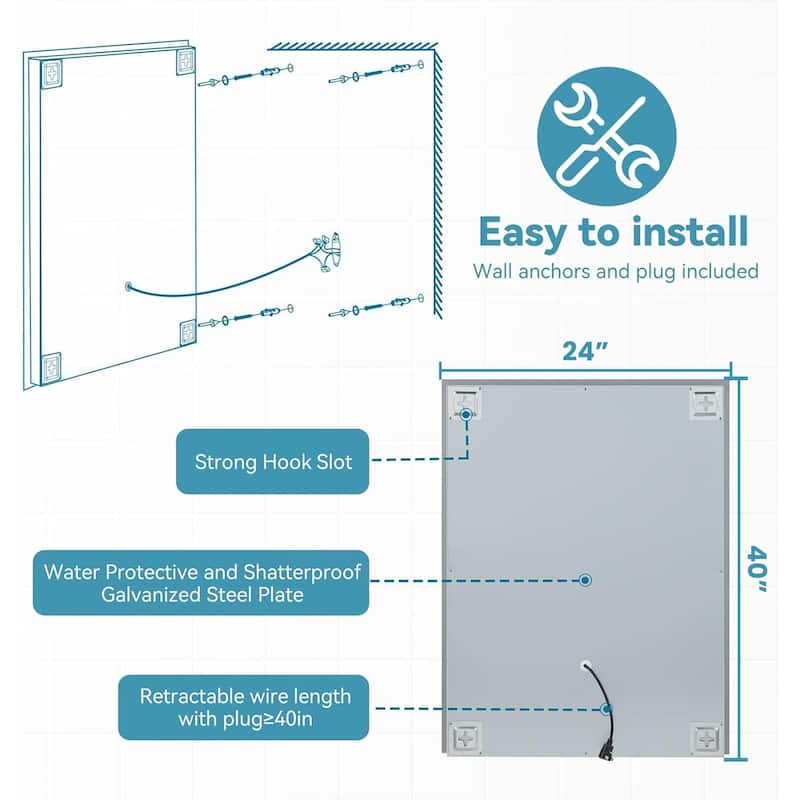 Silver LED Bathroom Mirror with Touch Dimmer, Anti-Fog, Adjustable Different brightness - 24" L x 40” W