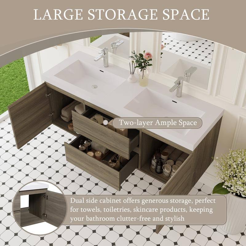 ABRUZZO 60" Floating Bathroom Double Vanity with Integrated Resin Top 2 Basins 2 Cabinets 2 Soft Close Drawers Full Assembly