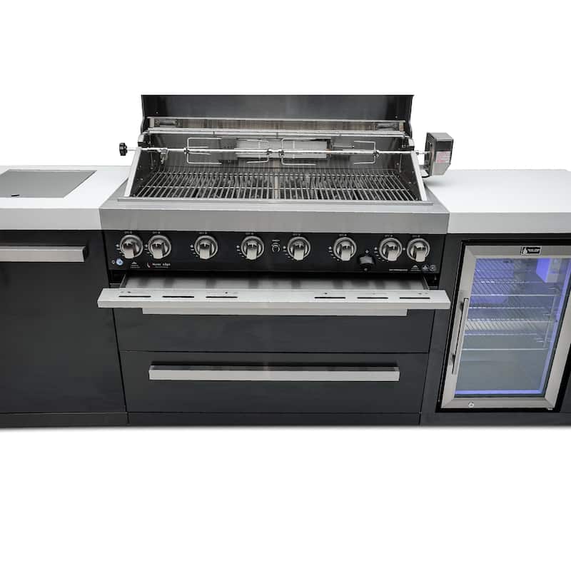 Mont Alpi MAi805-BSSFC 44-inch 6-Burner Black Stainless Steel Outdoor Kitchen Island Grill + Fridge Cabinet + Granite Countertop
