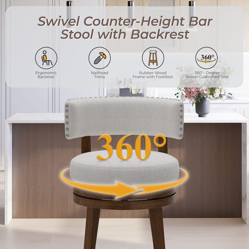 360-Degree Swivel Counter Height Bar Stool with Backrest Rubberwood Frame
