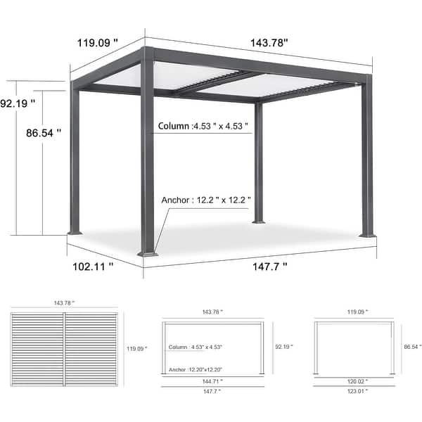 dimension image slide 7 of 36, PURPLE LEAF Outdoor Louvered Pergola with Adjustable Metal Roof for Patio Pergola