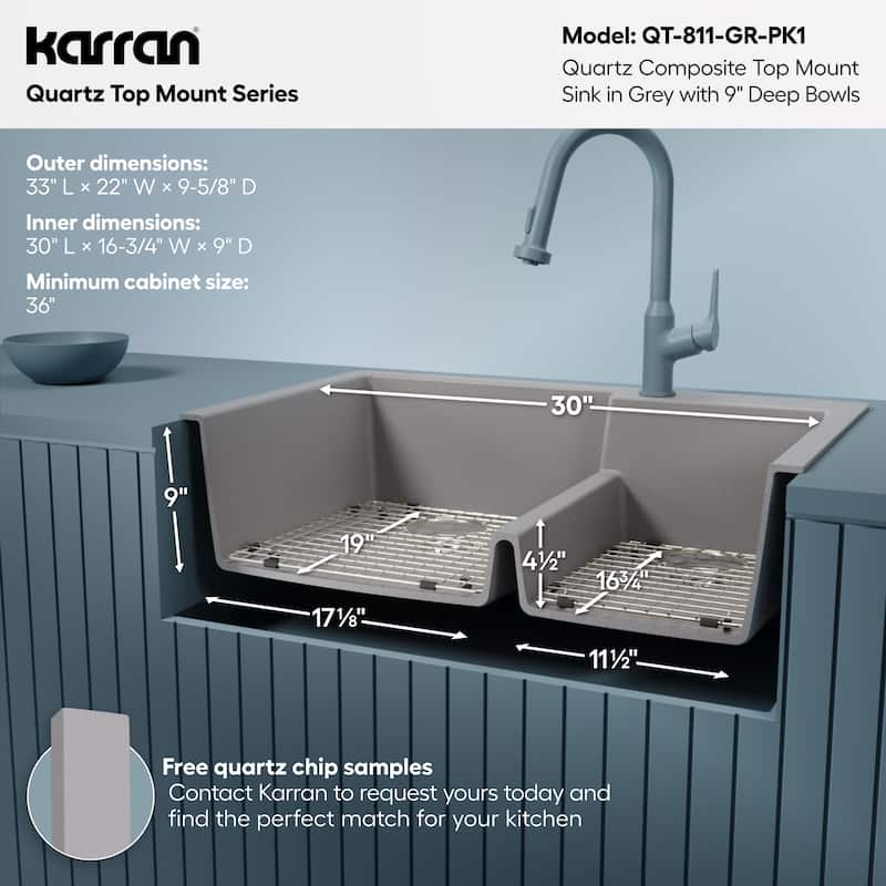 Karran 33" Top Mount Large/Small Bowl Quartz Kitchen Sink Kit - 33" x 22" x 9"