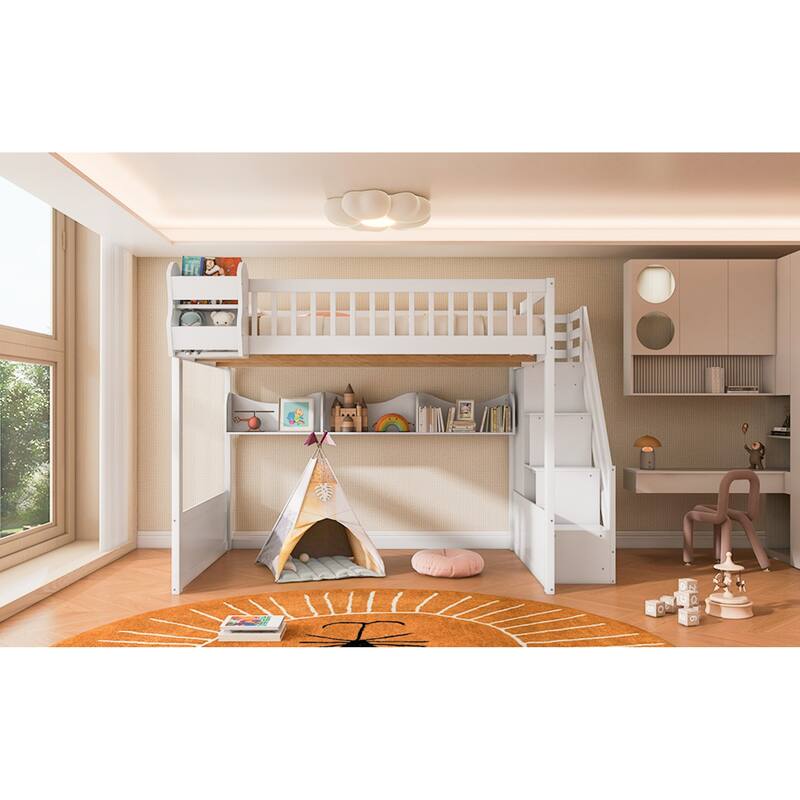 Roomfitters Queen Size Loft Bed with Wardrobe, Storage Staircase and Shelves
