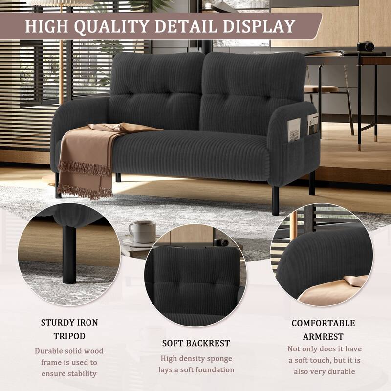 47.24" Corduroy 2-Seater Sofa with Side Pockets