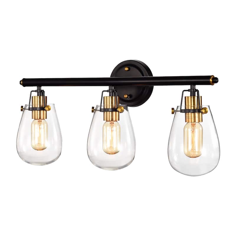 Ontario Black and Antique Gold 3-Light Vanity Light with Glass Shades