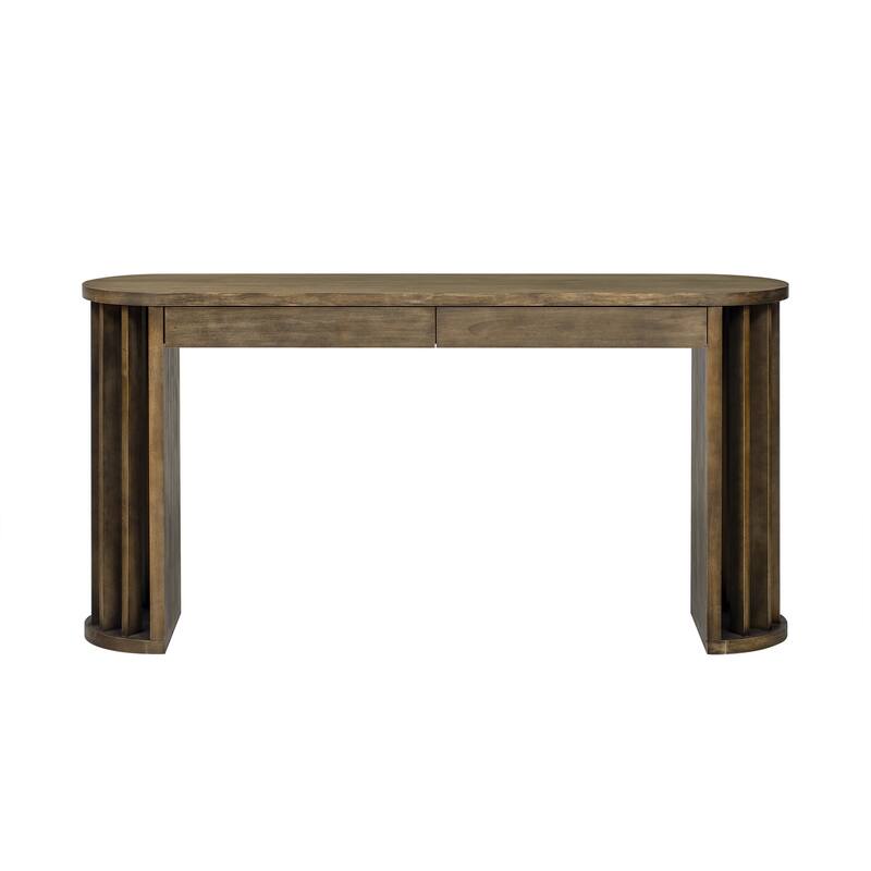 59 Inch Extra Long Entryway Sofa Table, Vintage OAK Veneer Console Table with 2 Storage Drawers and Fan Shaped Legs - Natural