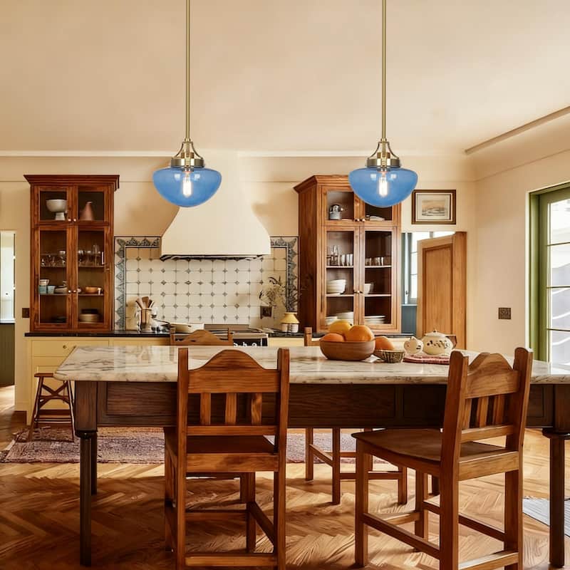 Modern Contemporary 1-Light Gold Kitchen Island Blue Schoolhouse Glass Pendant Lights for Dining Room - 8.5" Dia x 9" H