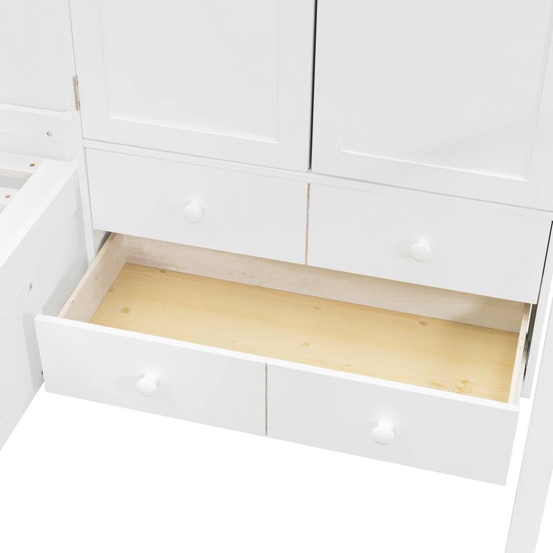 L-shaped Bunk Bed Twin Over Twin with Side Wardrobe and Under Drawers, Down Hydraulic Bed with Storage Shelves for Bedroom