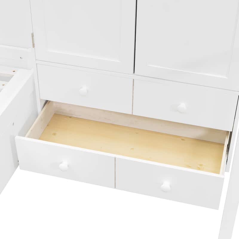 Roomfitters Twin Bunk Bed with Hydraulic Lift, Wardrobe, Storage Shelves and Drawers,