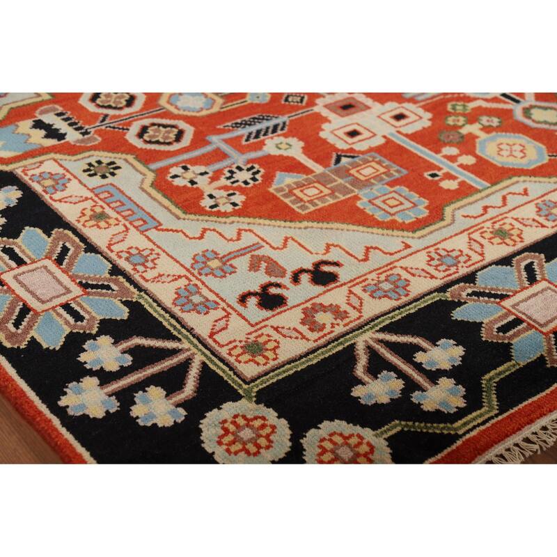 Orange Geometric Kazak Indian Area Rug Handmade Wool Carpet - 7'10" x 9'11"