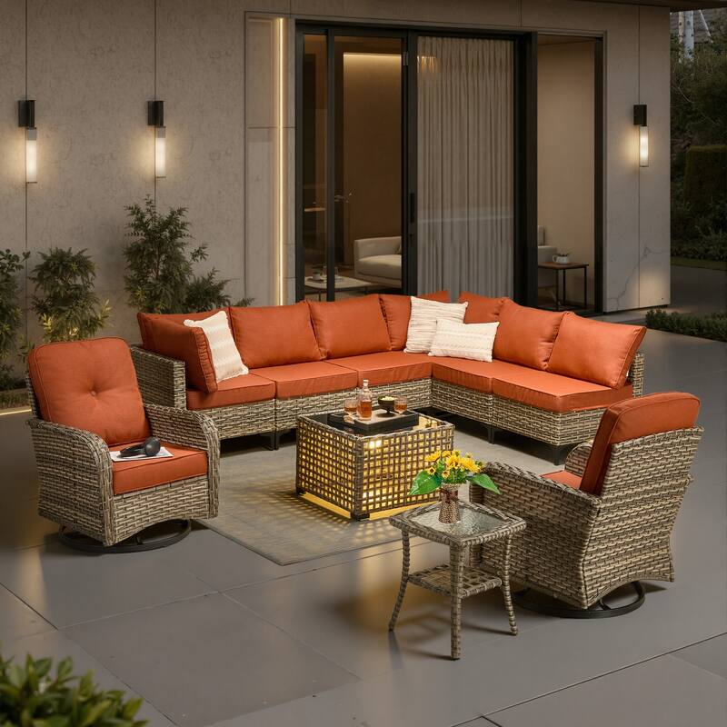 HOOOWOOO 10-piece Patio Wicker Furniture Sectional Set Swivel Rocking Chair Set - Red