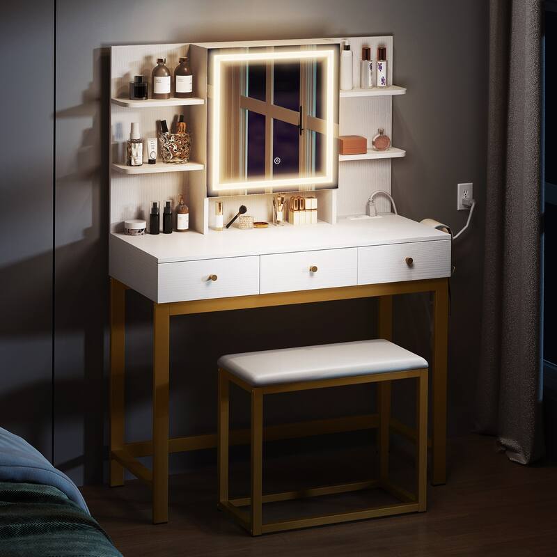 Moasis 3 Drawers Vanity Desk with Mirror Lights and Hidden Storage Shelves