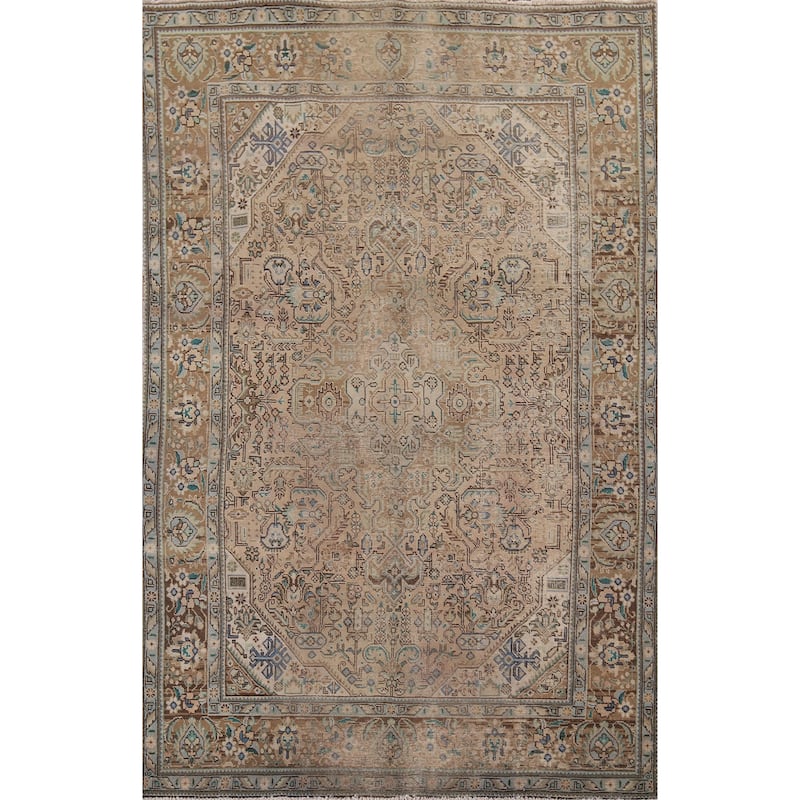 Distressed Tabriz Vintage Persian Rug Hand-Knotted Peach Wool Carpet - 6'7" x 9'8"