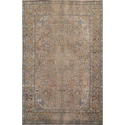 Distressed Tabriz Vintage Persian Rug Hand-Knotted Peach Wool Carpet - 6'7" x 9'8"
