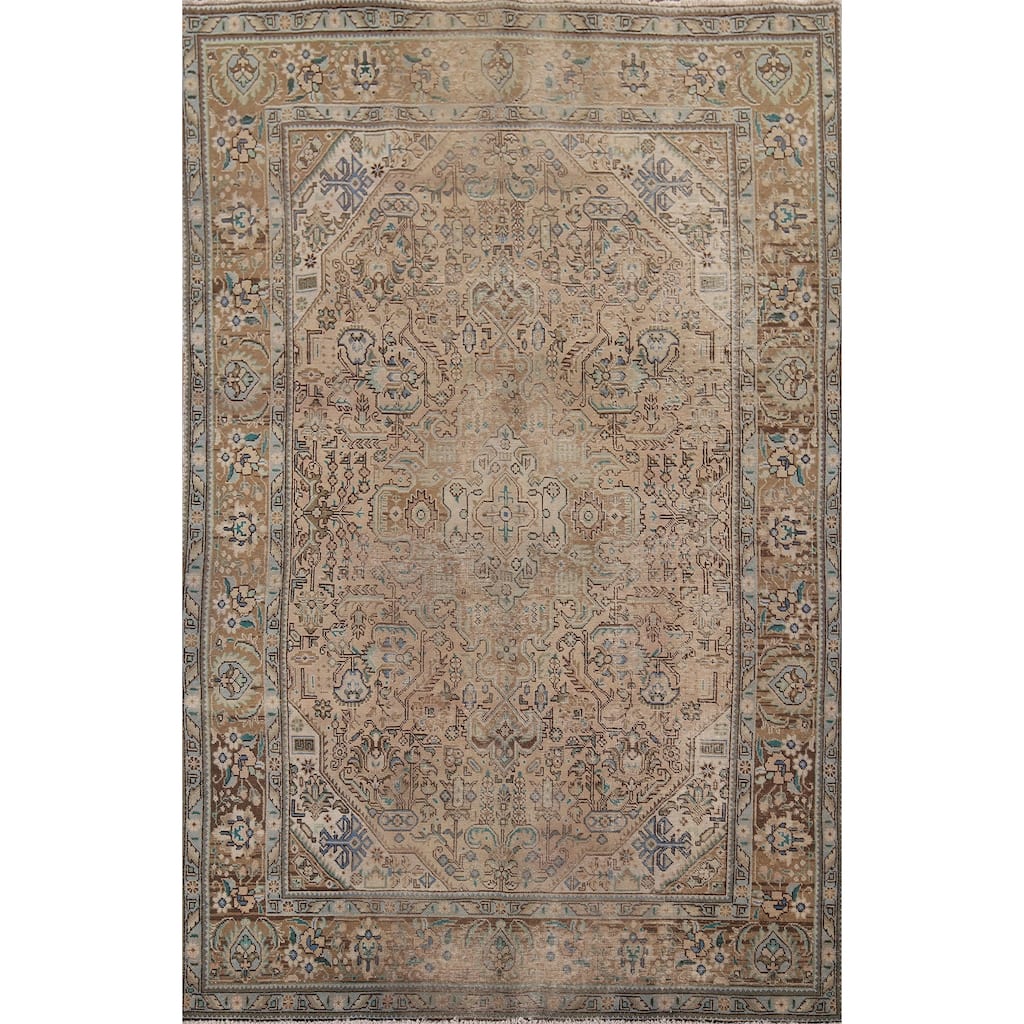 Distressed Tabriz Vintage Persian Rug Hand-Knotted Peach Wool Carpet - 6'7" x 9'8"