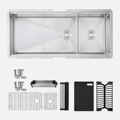 STYLISH 42 inches Workstation 70/30 Double Bowl Undermount 16 Gauge Stainless Steel Kitchen Sink with Accessories included