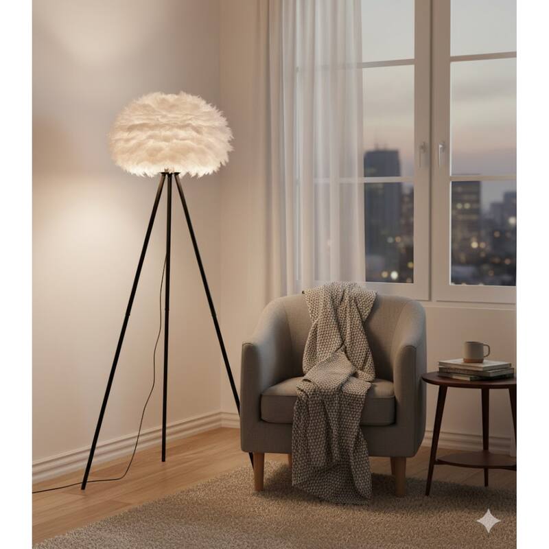 1-Light White Floor Lamp With A White Goose Feather Ball
