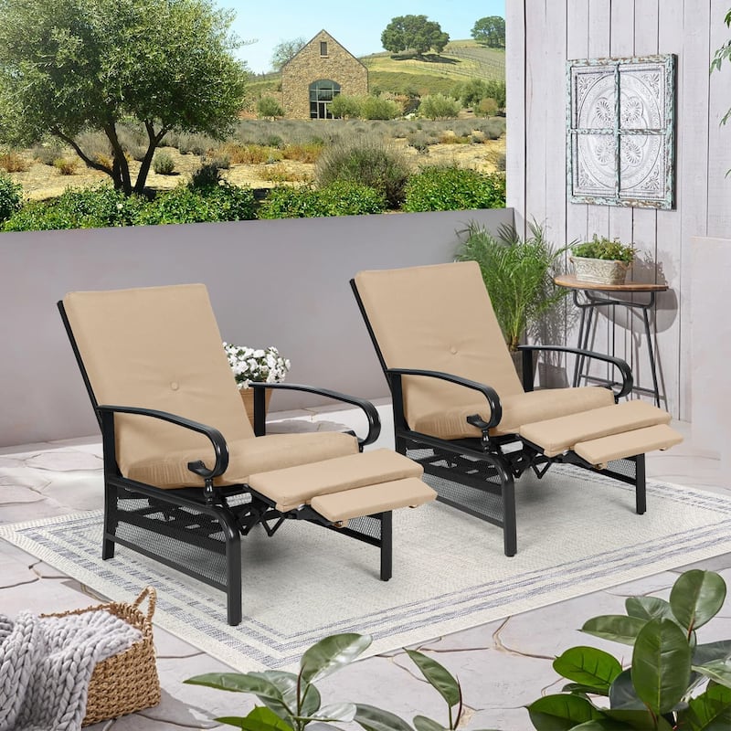 2 Piece Outdoor Metal Patio Adjustable Recliner Lounge Chairs with Retractable Steel Frame and Removable Thick Cushion