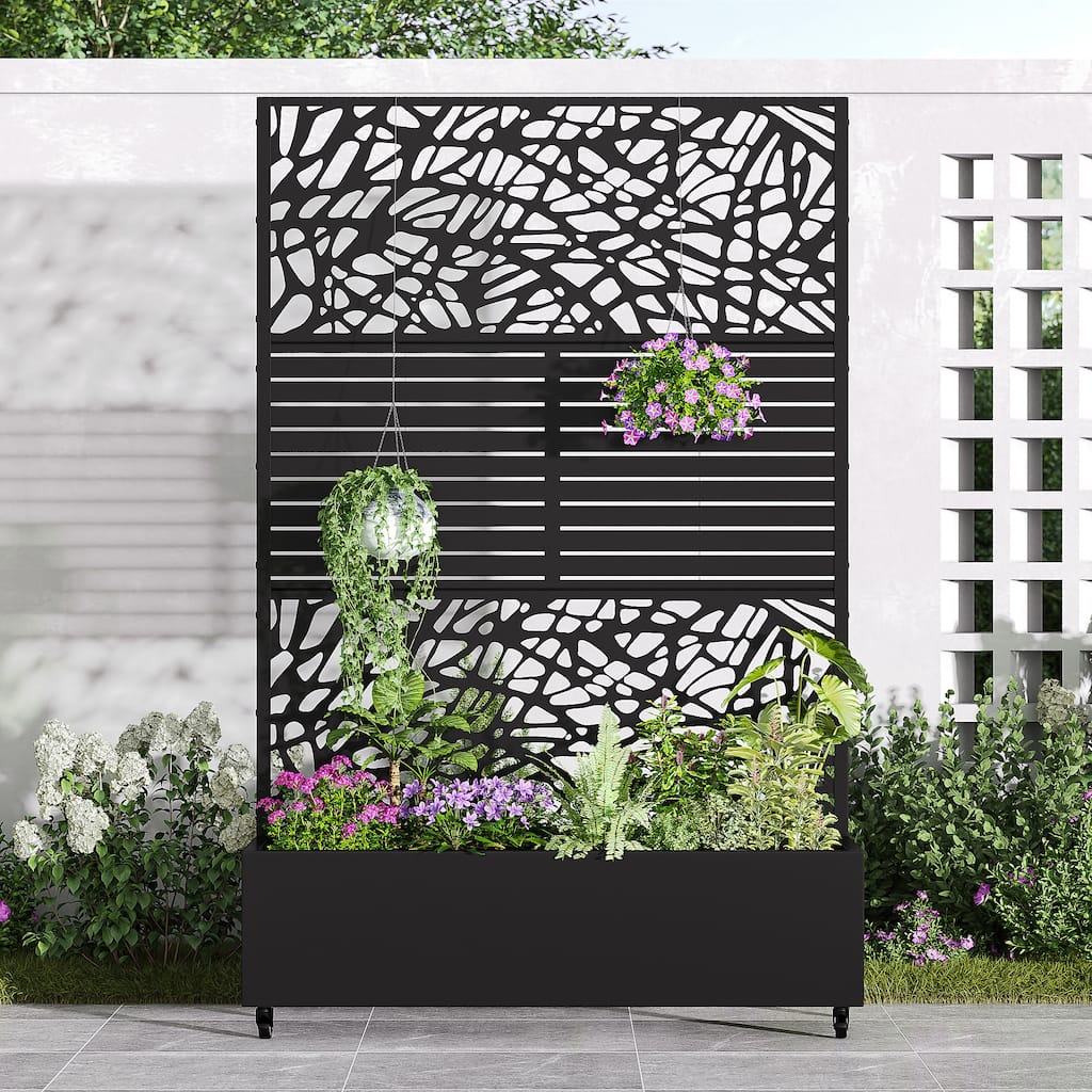 Metal Movable Planter Box with Trellis Privacy Screen Planter Box with Lockable Wheels