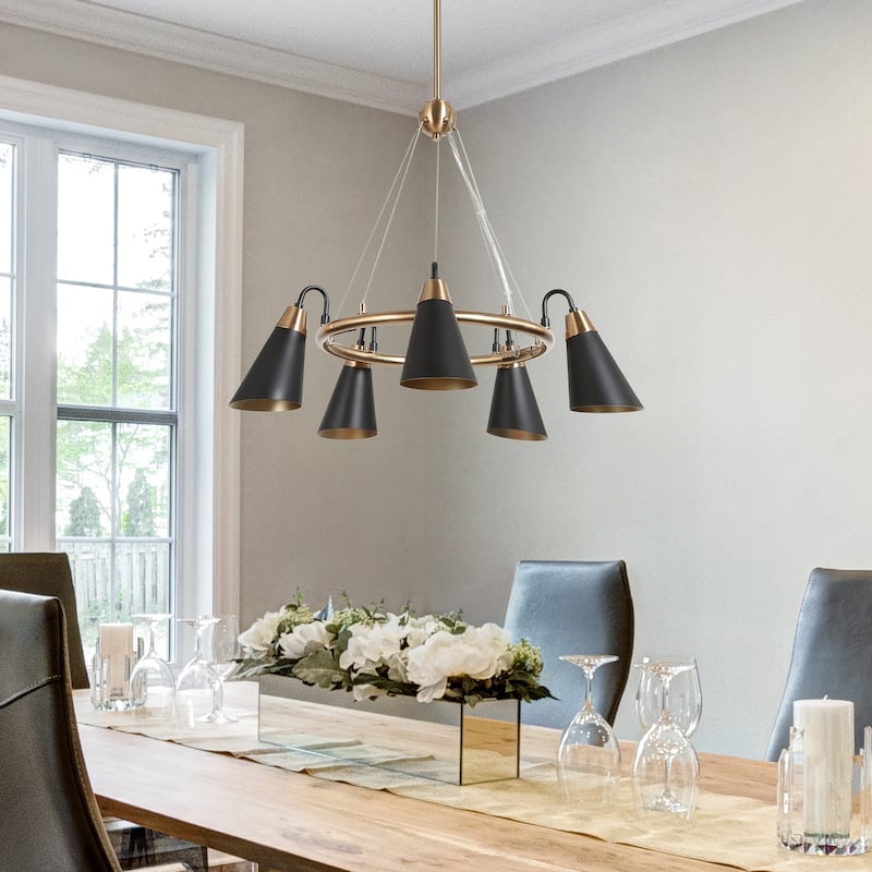 Modern 5-Light Black Gold Chandelier Wagon Wheel Pendant Lights with Metal Shades - 23.5"L x 33.5"H