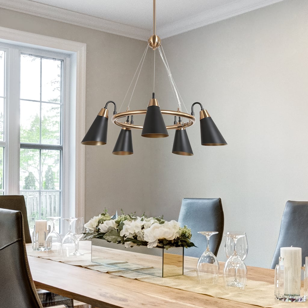 Modern 5-Light Black Gold Chandelier Wagon Wheel Pendant Lights with Metal Shades - 23.5"L x 33.5"H