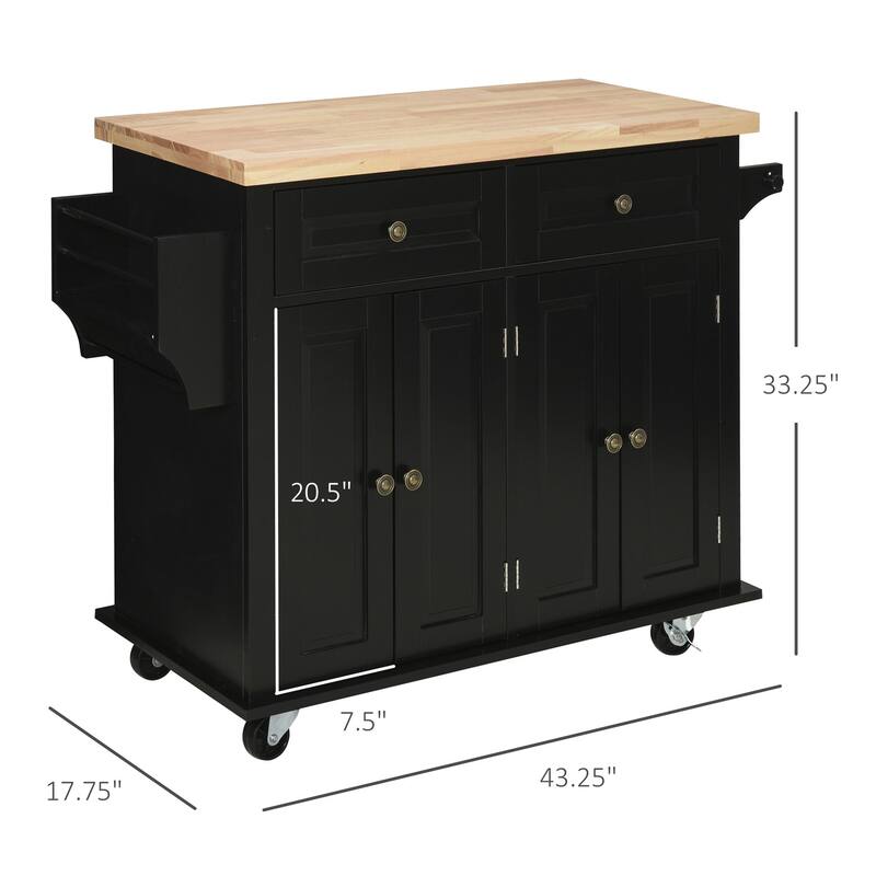 HOMCOM Rolling Kitchen Island Cart with Rubber Wood Top, Spice Rack, Towel Rack & Drawers for Dining Room