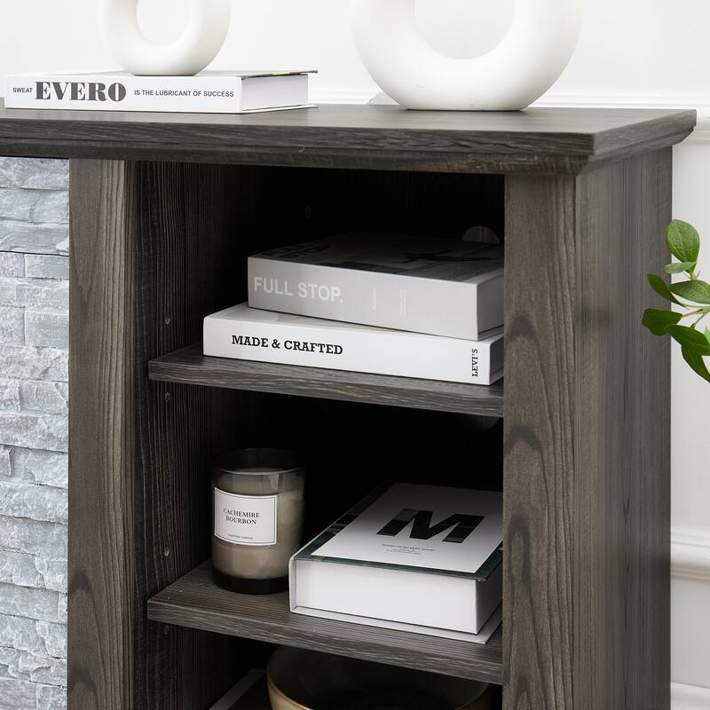 Anmytek Farmhouse TV Stand with Faux Stacked Stone Surround Accent Media Console for 60-69 inches TV Rustic Storage Cabinet