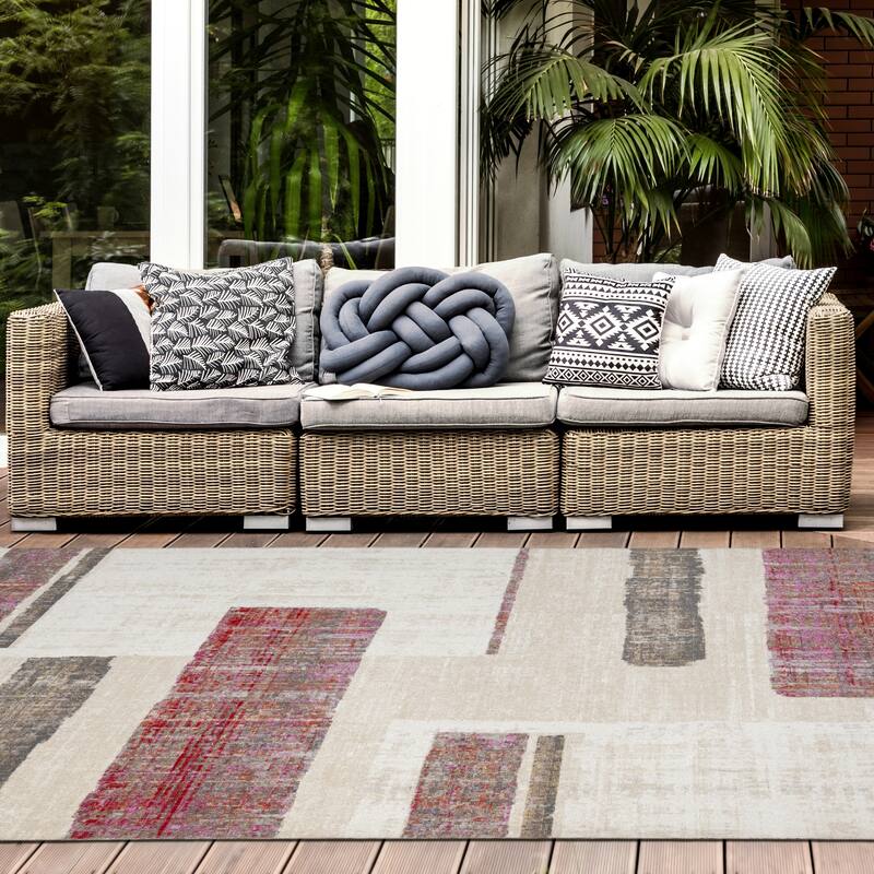 N Natori 24-Seven Outdoor/Indoor Modern Geometric Area Rug - Red/Ivory - 7'9" X 9'9"