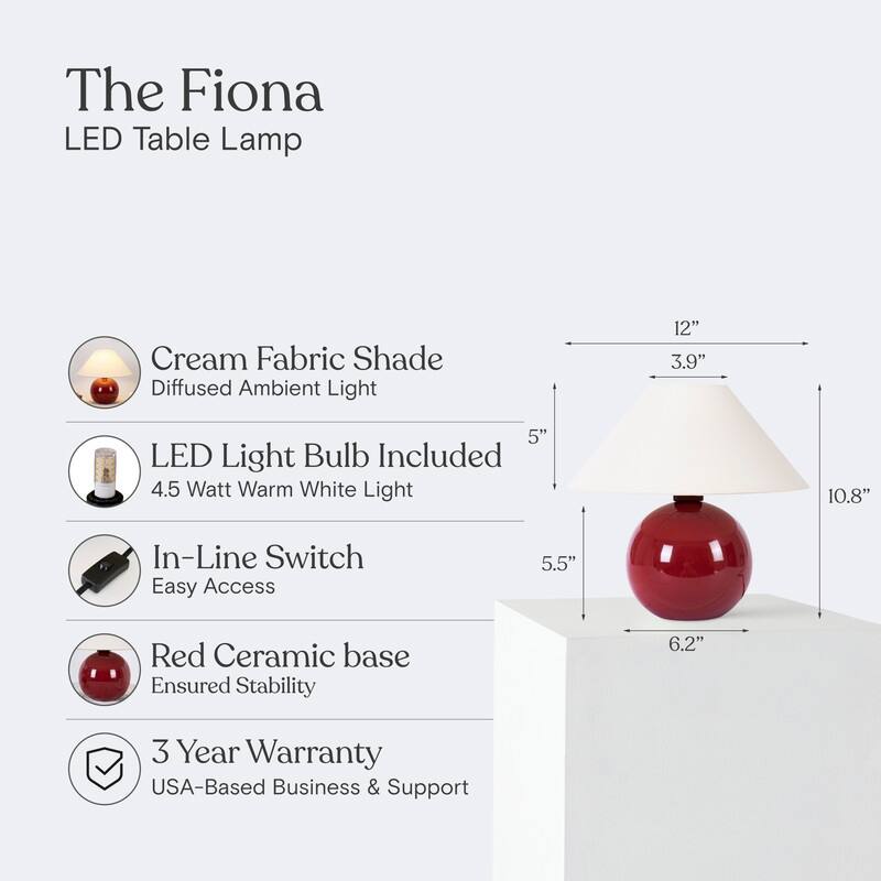 Brightech Fiona LED Glossy Red Ceramic Midcentury Round Globe Bedside Nightstand Desk Lamp with Cream Cotton Empire Shade