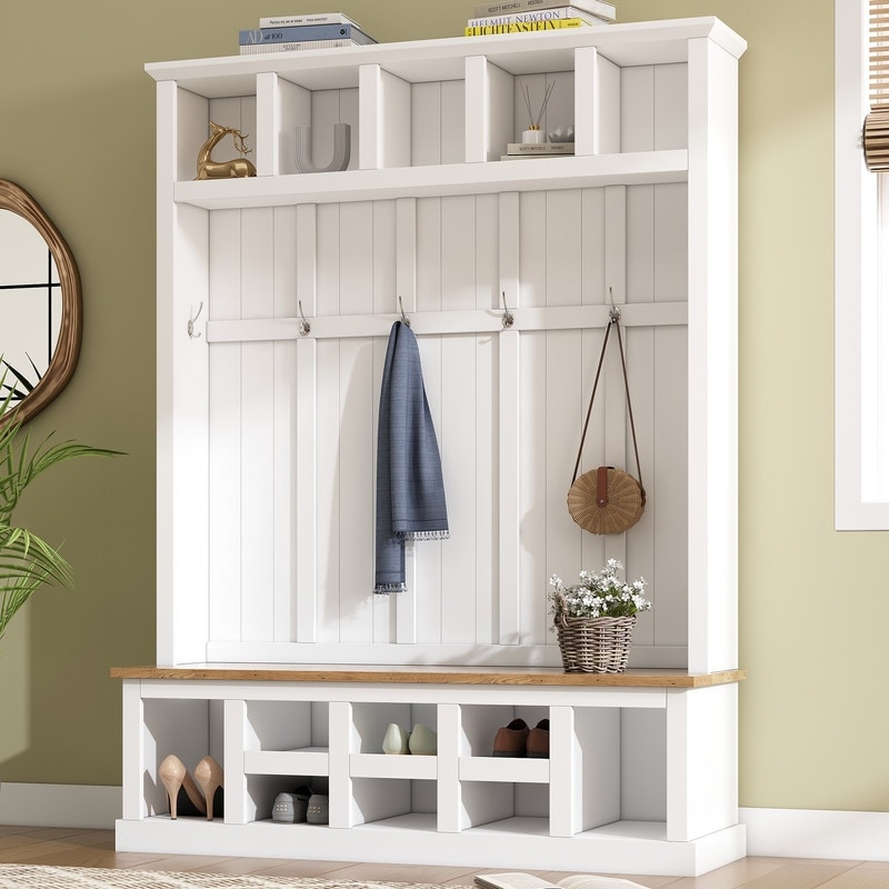 White mudroom bench with hooks sale