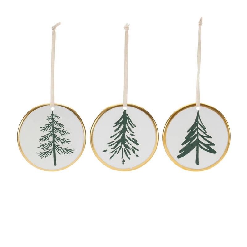 Ceramic Pine Tree Christmas Disc Ornaments - 3.5" - 12ct