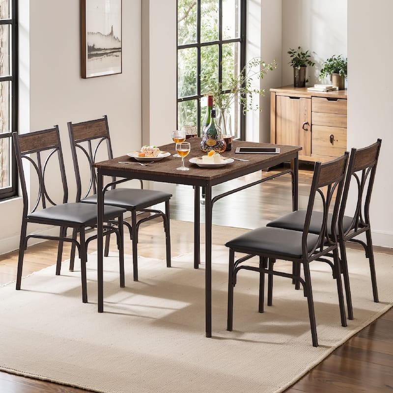 VECELO Modern 3/5-piece Dining Set Tempered Glass Top and Wood Top, Steel Dining Table and Chair Set of 2/4 - Antique brown - 5-Piece Sets