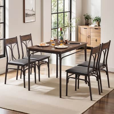 VECELO Modern 3/5-piece Dining Set Tempered Glass Top and Wood Top, Steel Dining Table and Chair Set of 2/4