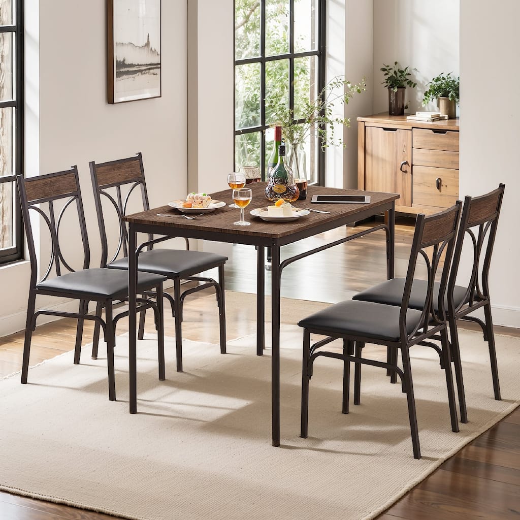 VECELO Modern 3/5-piece Dining Set Tempered Glass Top and Wood Top, Steel Dining Table and Chair Set of 2/4