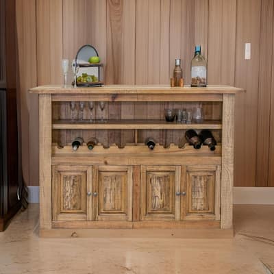 Ebb Home Bar Counter Freestanding Table, 4 Storage Doors, Brown Wood