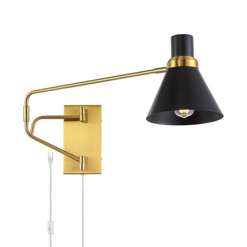 SAFAVIEH Lighting Aldegonda Swing Arm Plug-In Task Wall Sconce (LED Bulbs Included) - 37.5 In. W x 8 In. D x 13 In. H - Brass/Black