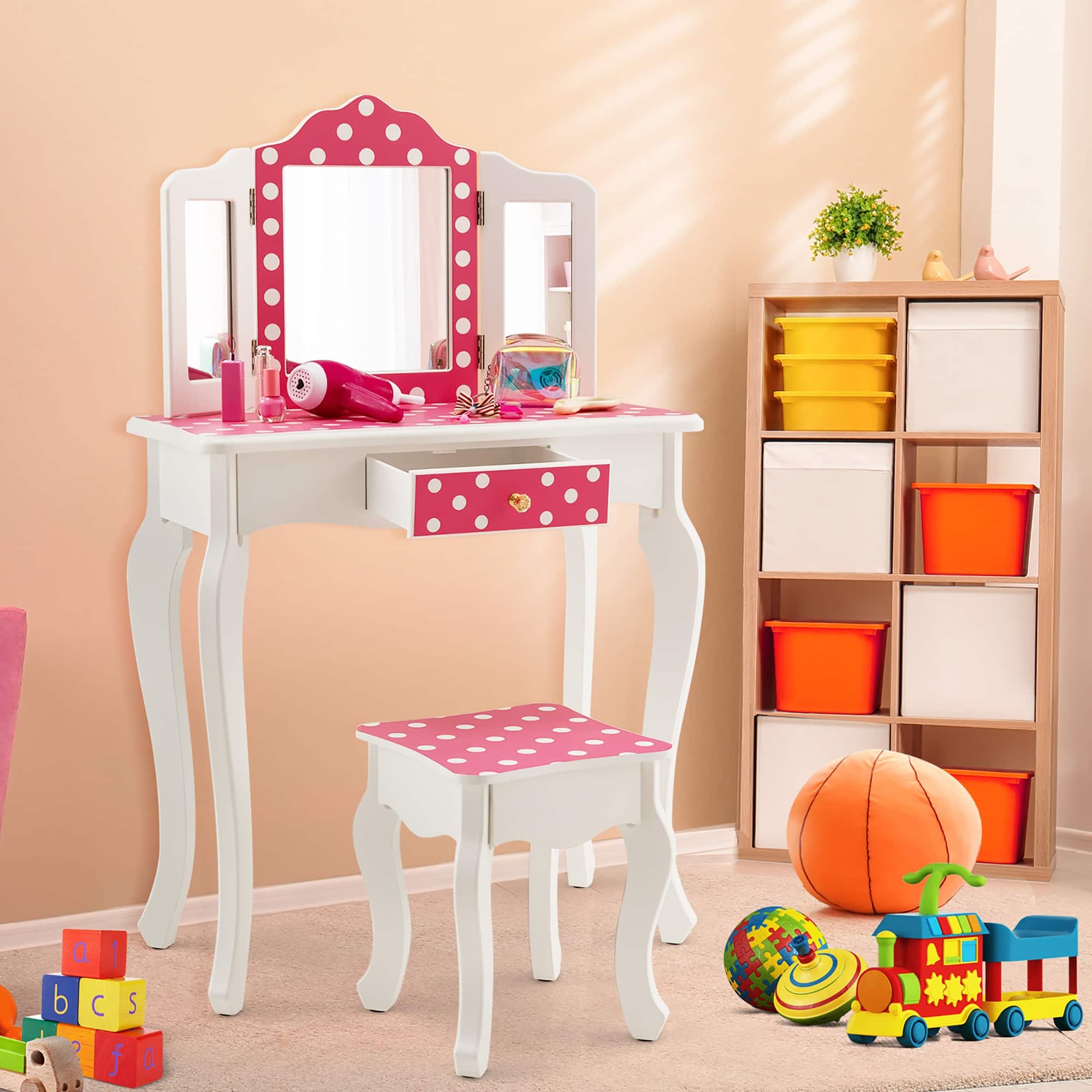 Kid Vanity Set Wooden Makeup Table Stool TriFolding Mirror Pink On