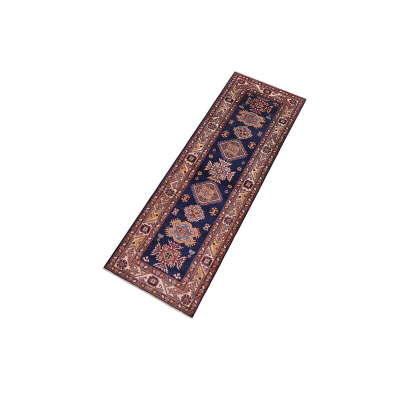 Caucasian Super Kazak Leilani Blue/Beige Hand Knotted Wool Runner - 2'9'' x 9'8''