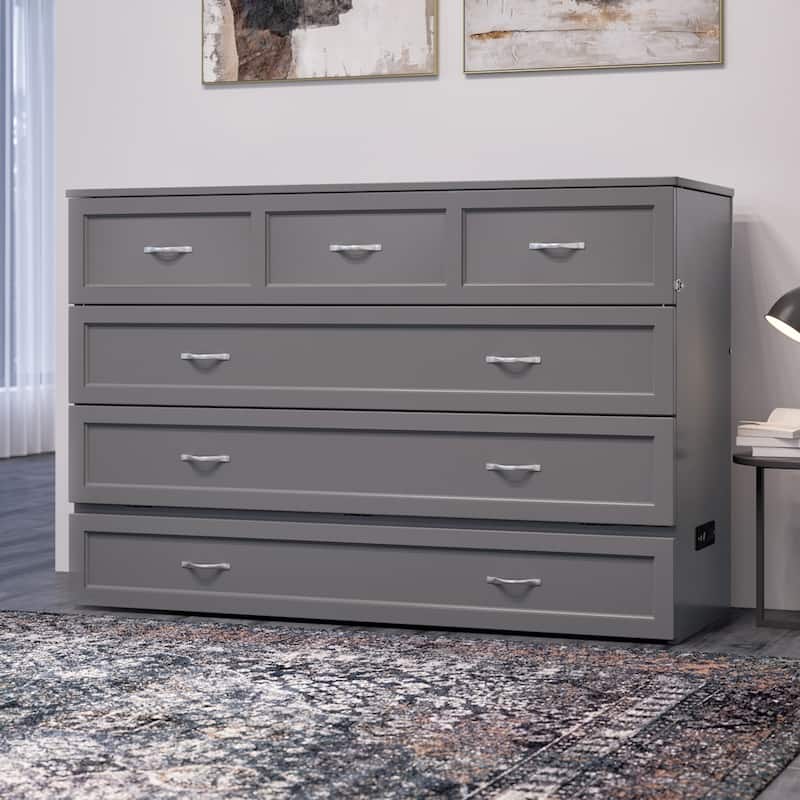 Northfield Queen Murphy Bed Chest with 6" Mattress, Storage Drawer & Built-In Charger in Grey