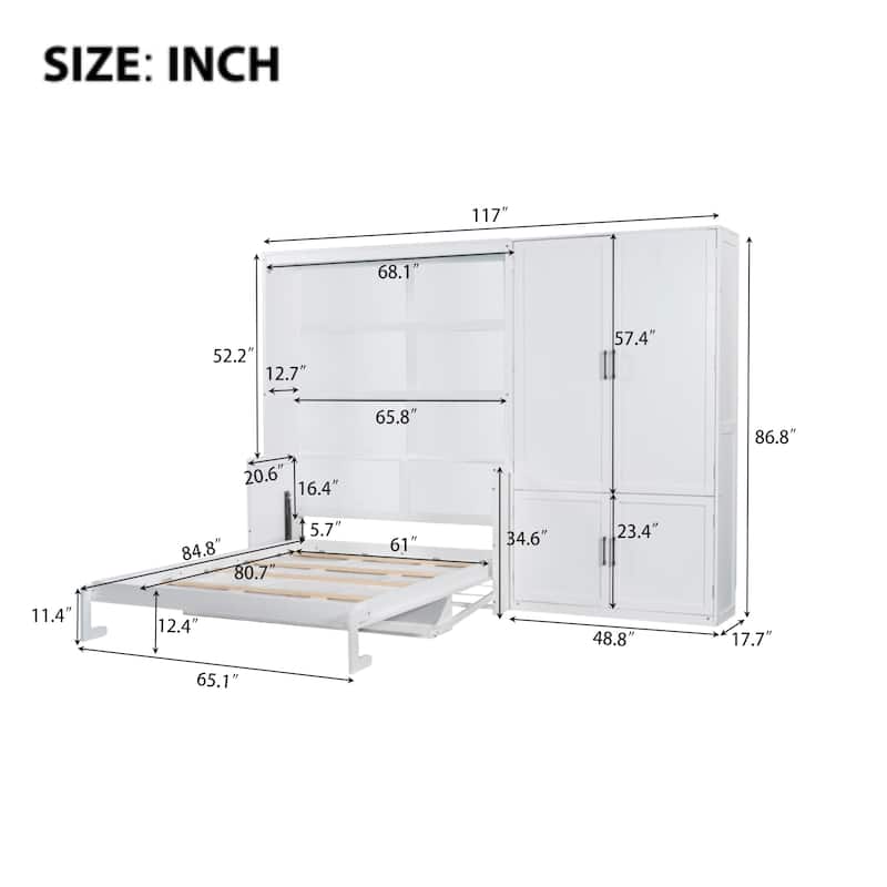 Queen Murphy Wall Bed with Side Folding, Closet Storage & Hydraulic Lift