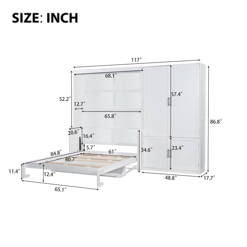 Queen Size Murphy Bed Wall Bed with Closet,White