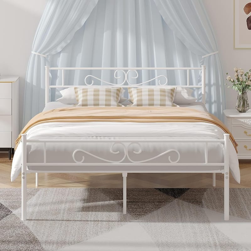 Metal Bed Frame with Headboard and Footboard- Twin/Full/Queen Size Bed - White - Queen