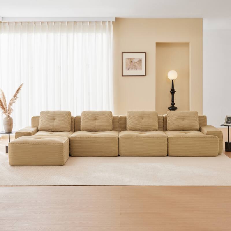 L-Shaped Sectional Couch with Ottoman, Oversized Modular Corduroy Sofa