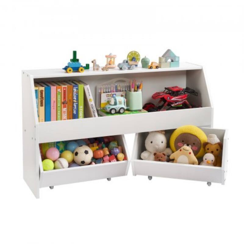 White Wooden Toy Storage Organizer with 3 Compartments and Top Shelf - 40.16 x 11.69 x 23.62 in/