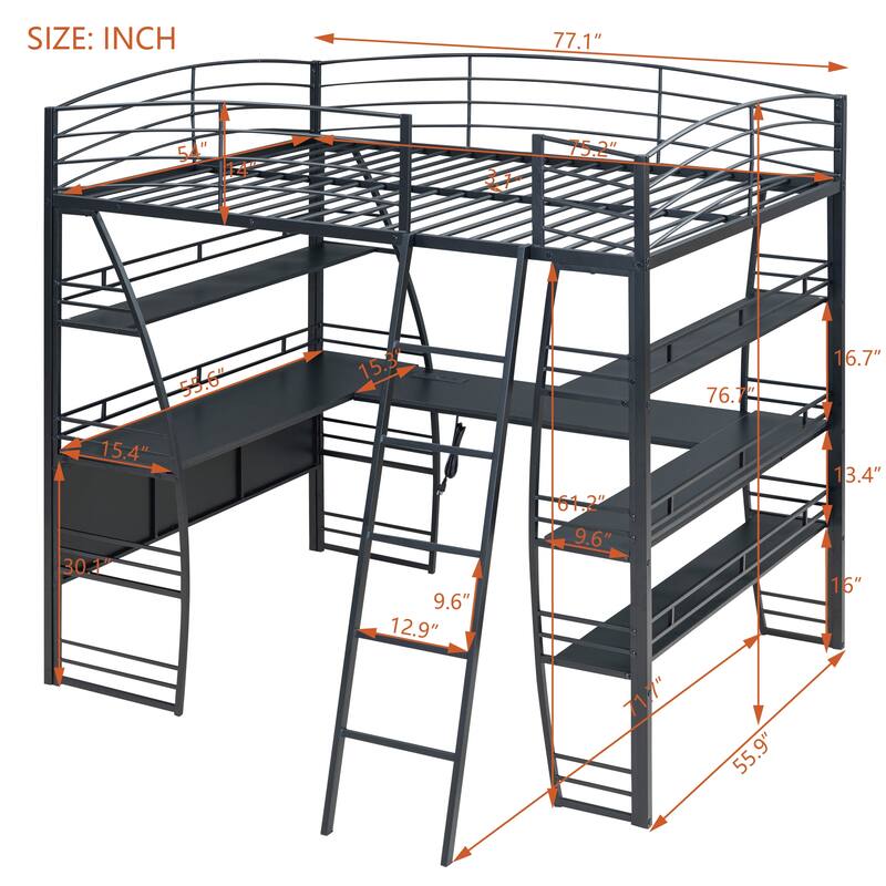 Modern Twin/Full Loft Bed with Metal Frame, Desk, Storage Shelves, and USB Charging