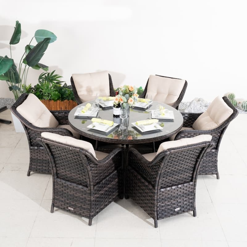 Outdoor Patio 7-piece Wicker Dining Set with 6 PE Rattan Chairs